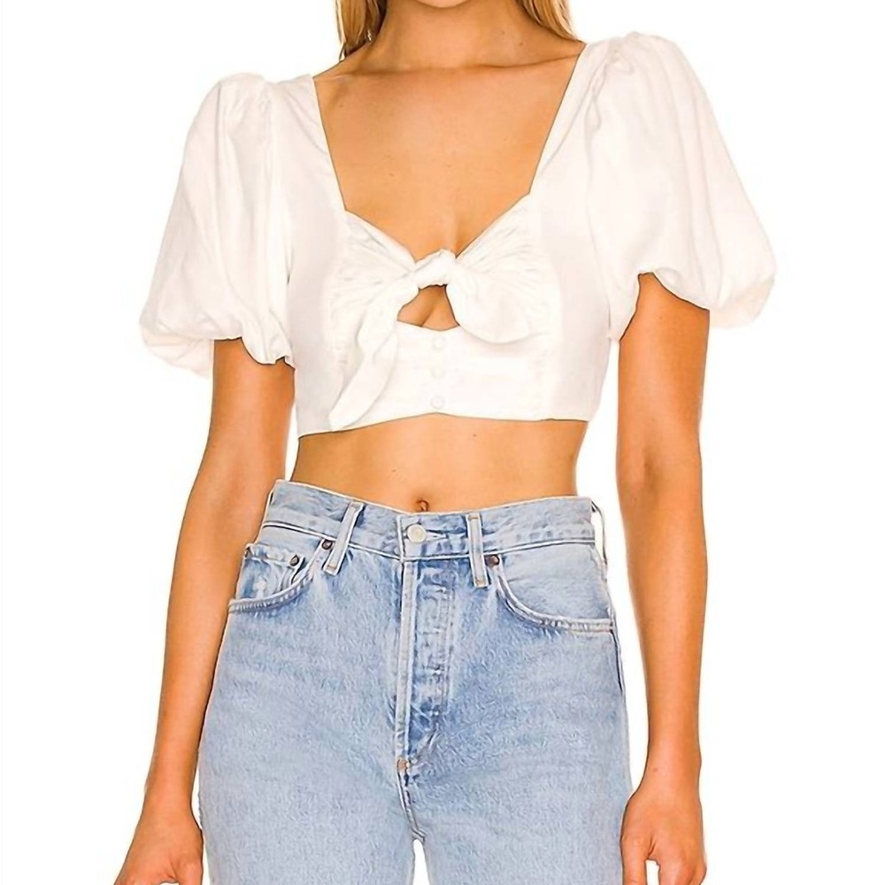 For Love And Lemons Jessie White Button Sleeve Crop Top